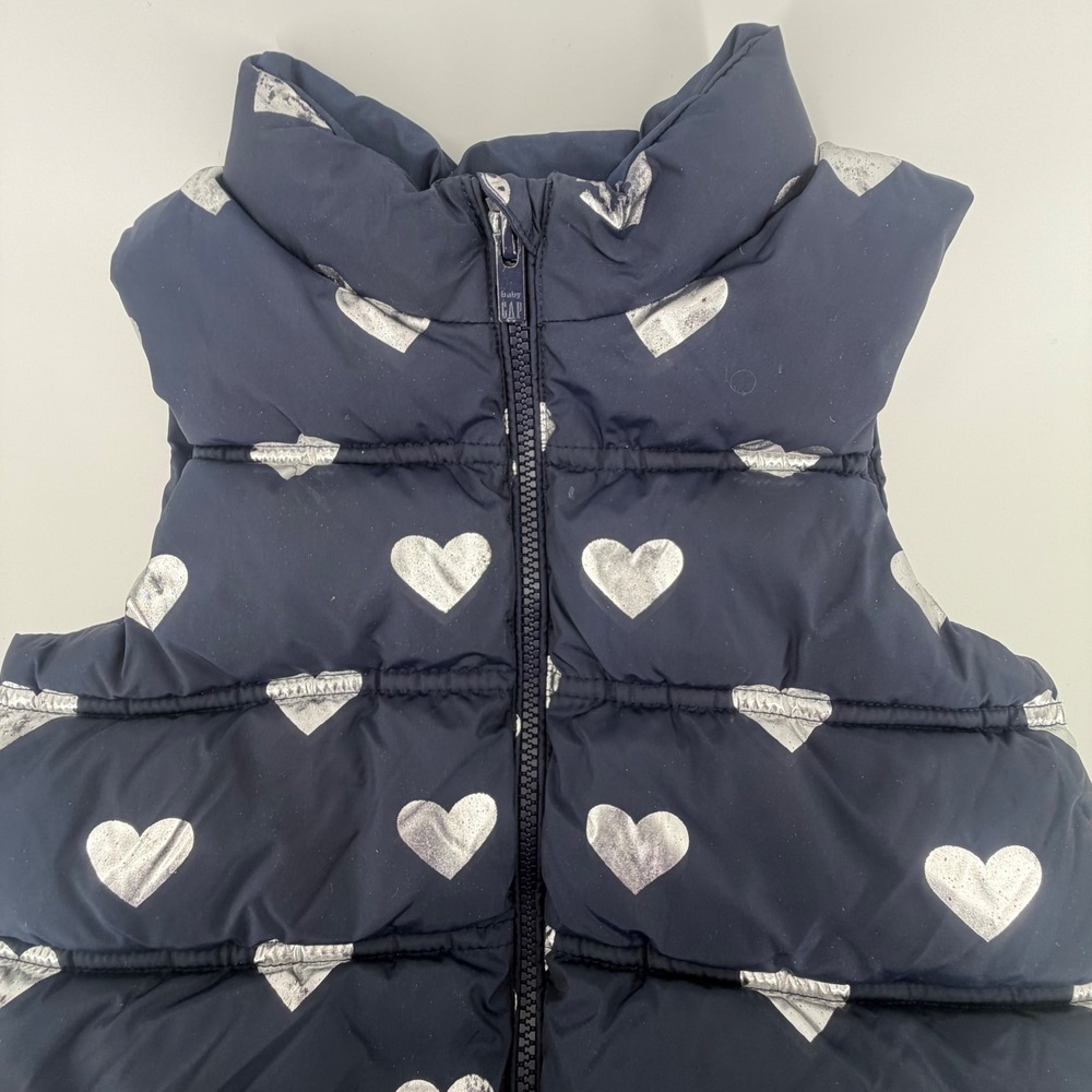 Baby Gap Girls Navy Blue Silver Heart‎ Puffer Vest 5T Toddler Full Zip Quilted